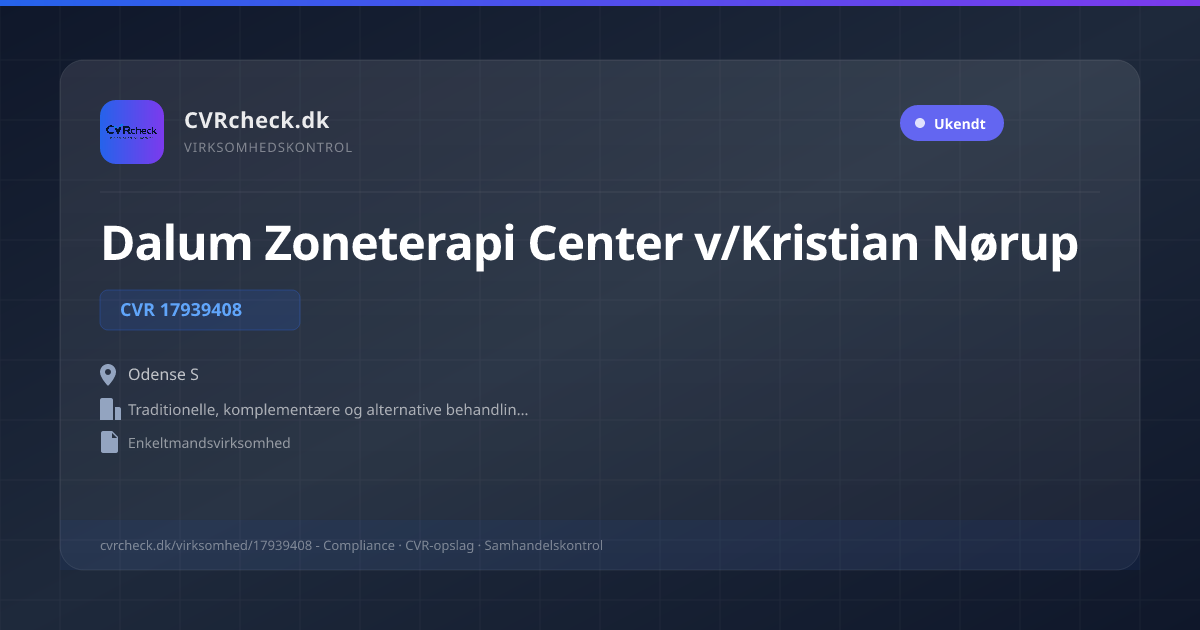 Visitkort: Dalum Zoneterapi Center v/Kristian Nørup, CVR 17939408, Traditionelle, komplementære og alternative behandlingsformer, Odense S