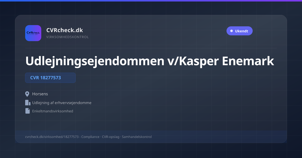 Visitkort: Udlejningsejendommen v/Kasper Enemark, CVR 18277573, Udlejning af erhvervsejendomme, Horsens