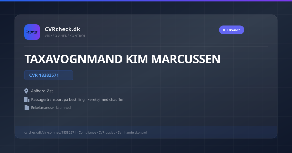Visitkort: TAXAVOGNMAND KIM MARCUSSEN, CVR 18382571, Passagertransport på bestilling i køretøj med chauffør, Aalborg Øst