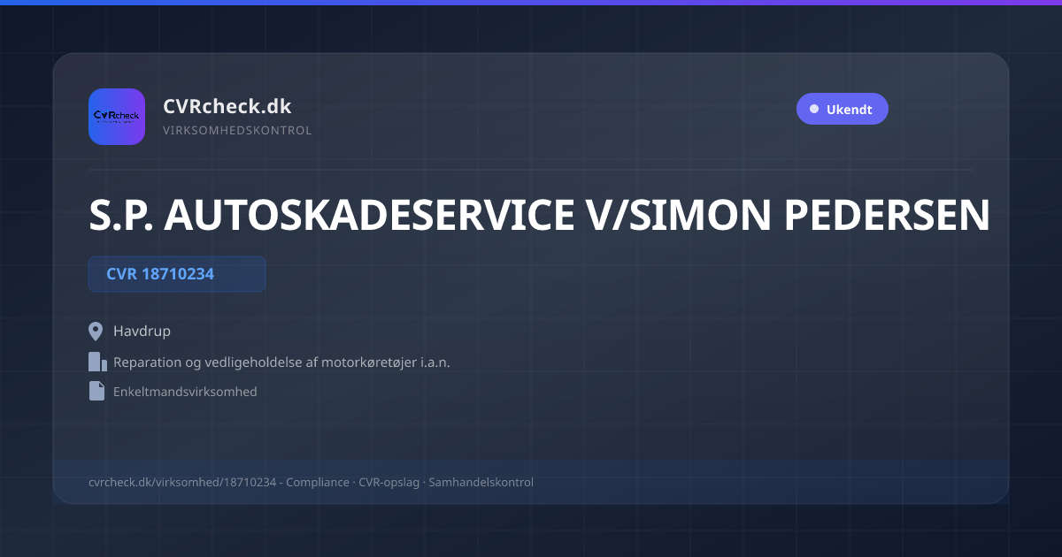 Visitkort: S.P. AUTOSKADESERVICE V/SIMON PEDERSEN, CVR 18710234, Reparation og vedligeholdelse af motorkøretøjer i.a.n., Havdrup