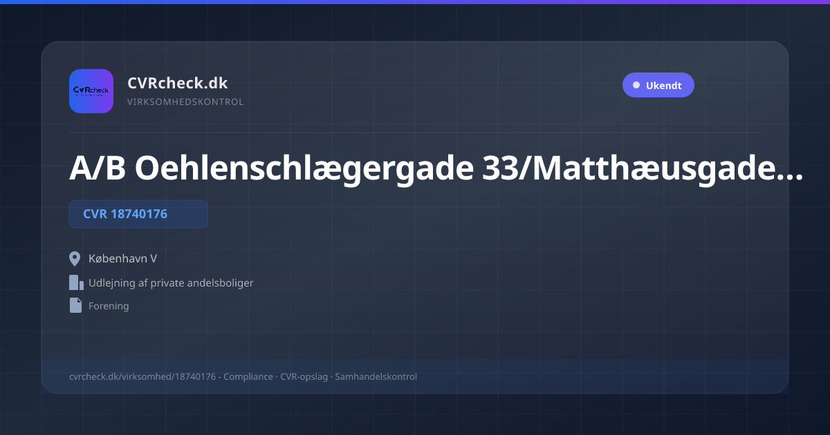 Visitkort: A/B Oehlenschlægergade 33/Matthæusgade 21, CVR 18740176, Udlejning af private andelsboliger, København V
