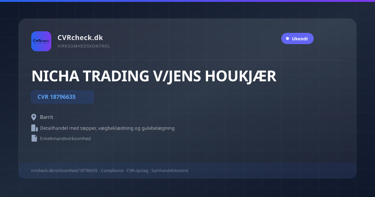 Visitkort: NICHA TRADING V/JENS HOUKJÆR, CVR 18796635, Detailhandel med tæpper, vægbeklædning og gulvbelægning, Barrit