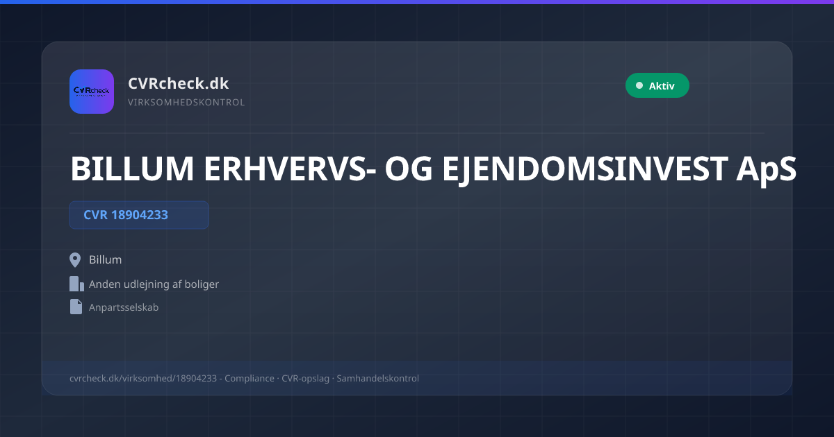 Visitkort: BILLUM ERHVERVS- OG EJENDOMSINVEST ApS, CVR 18904233, Anden udlejning af boliger, Billum, NORMAL