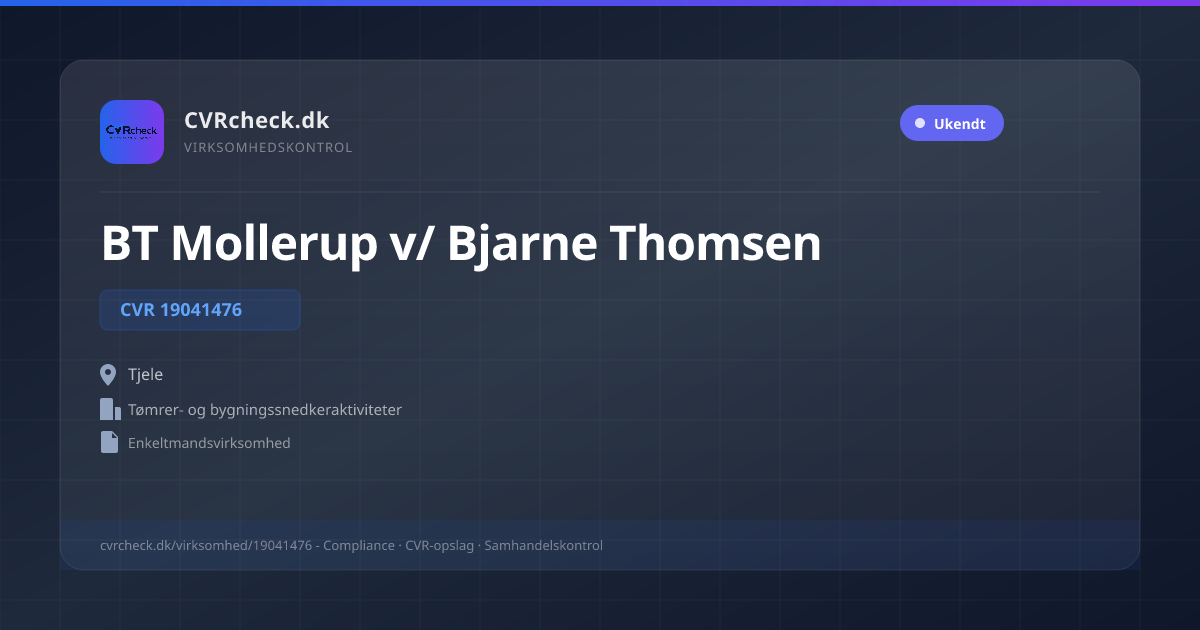 Visitkort: BT Mollerup v/ Bjarne Thomsen, CVR 19041476, Tømrer- og bygningssnedkeraktiviteter, Tjele