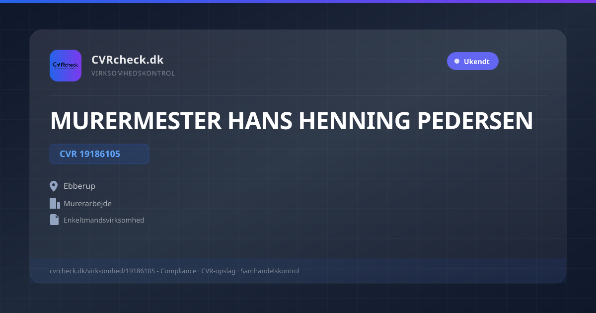 Visitkort: MURERMESTER HANS HENNING PEDERSEN, CVR 19186105, Murerarbejde, Ebberup