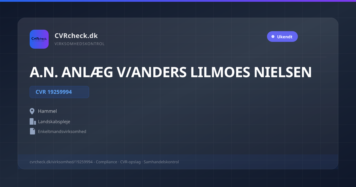 Visitkort: A.N. ANLÆG V/ANDERS LILMOES NIELSEN, CVR 19259994, Landskabspleje, Hammel