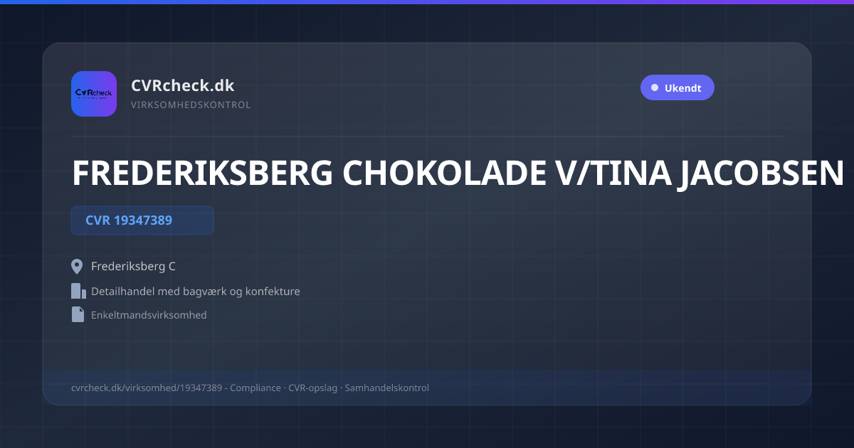 Visitkort: FREDERIKSBERG CHOKOLADE V/TINA JACOBSEN, CVR 19347389, Detailhandel med bagværk og konfekture, Frederiksberg C
