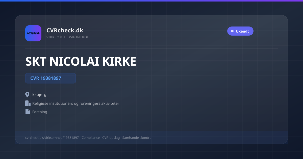 Visitkort: SKT NICOLAI KIRKE, CVR 19381897, Religiøse institutioners og foreningers aktiviteter, Esbjerg