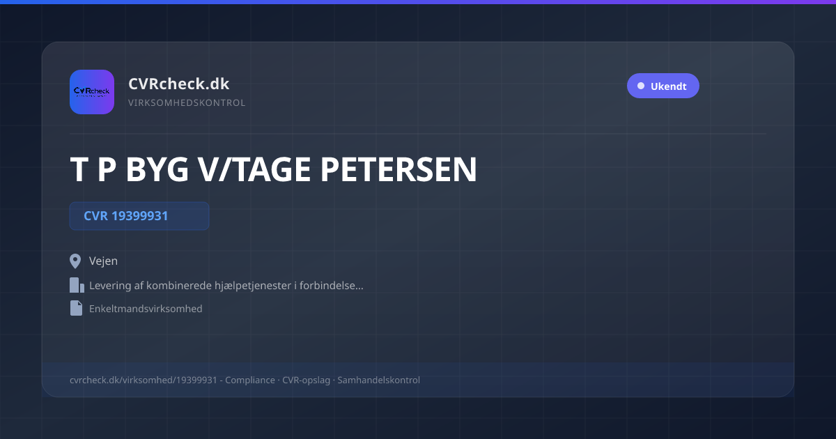 Visitkort: T P BYG V/TAGE PETERSEN, CVR 19399931, Levering af kombinerede hjælpetjenester i forbindelse med drift af fast ejendom, Vejen