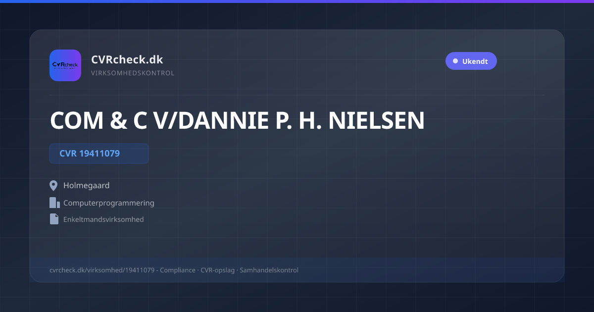 Visitkort: COM & C V/DANNIE P. H. NIELSEN, CVR 19411079, Computerprogrammering, Holmegaard