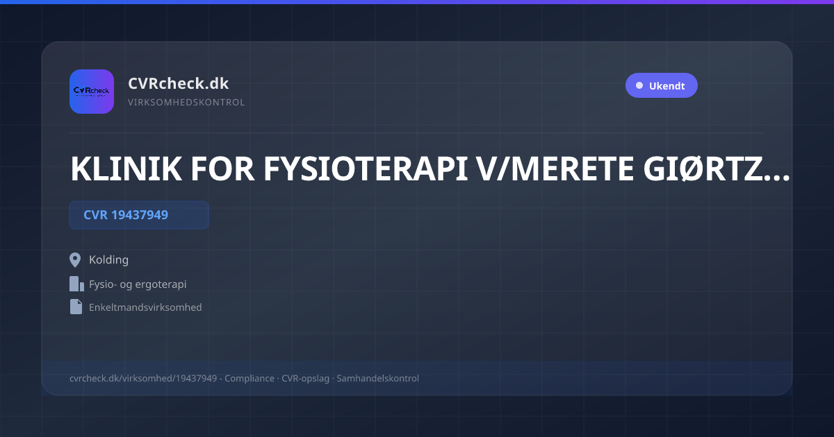 Visitkort: KLINIK FOR FYSIOTERAPI V/MERETE GIØRTZ-CARLSEN, CVR 19437949, Fysio- og ergoterapi, Kolding