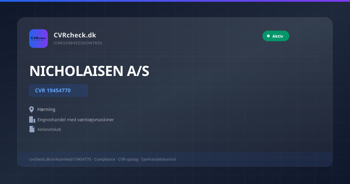 Visitkort: NICHOLAISEN A/S, CVR 19454770, Engroshandel med værktøjsmaskiner, Hørning, NORMAL