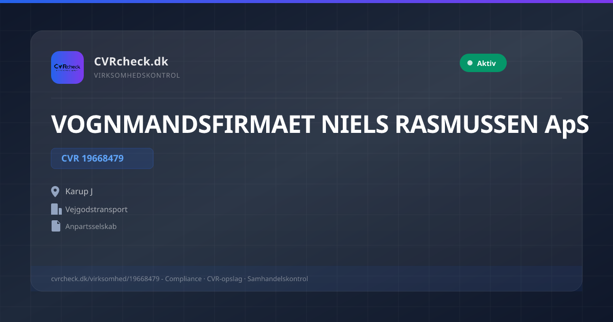 Visitkort: VOGNMANDSFIRMAET NIELS RASMUSSEN ApS, CVR 19668479, Vejgodstransport, Karup J, NORMAL
