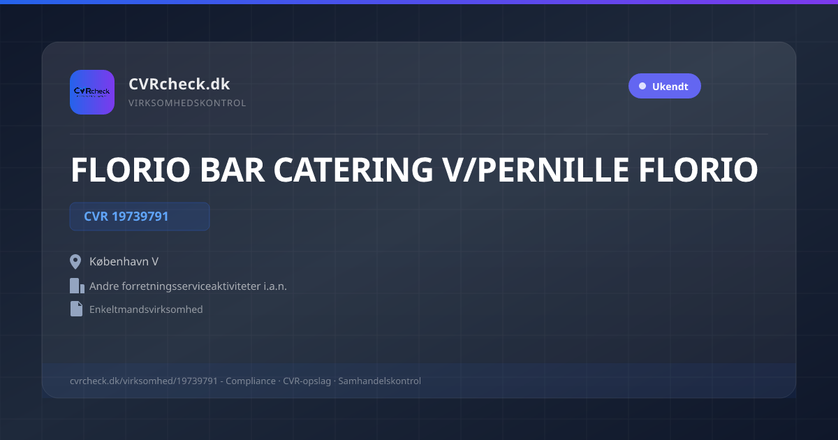 Visitkort: FLORIO BAR CATERING V/PERNILLE FLORIO, CVR 19739791, Andre forretningsserviceaktiviteter i.a.n., København V