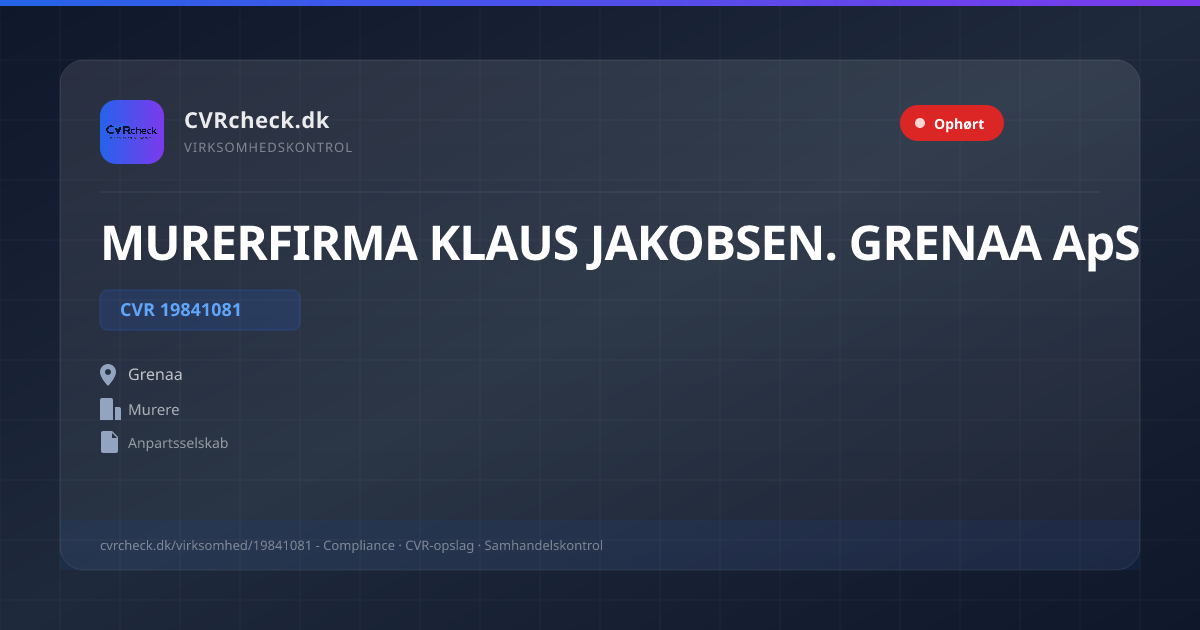 Visitkort: MURERFIRMA KLAUS JAKOBSEN. GRENAA ApS, CVR 19841081, Murere, Grenaa, OPLØST EFTER FUSION