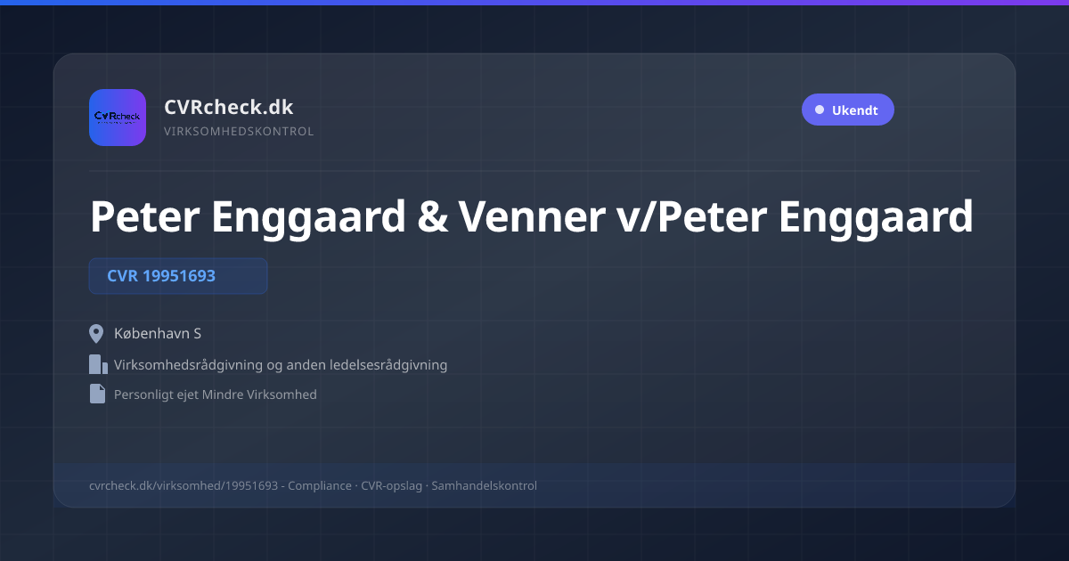 Visitkort: Peter Enggaard & Venner v/Peter Enggaard, CVR 19951693, Virksomhedsrådgivning og anden ledelsesrådgivning, København S