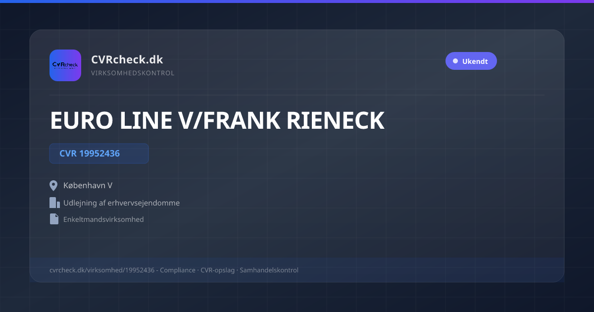 Visitkort: EURO LINE V/FRANK RIENECK, CVR 19952436, Udlejning af erhvervsejendomme, København V