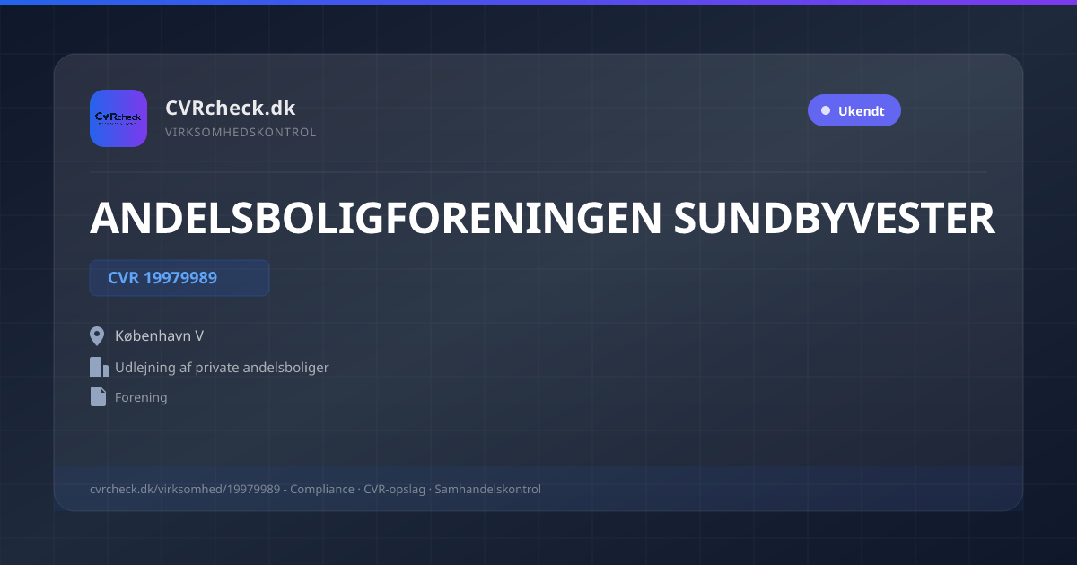 Visitkort: ANDELSBOLIGFORENINGEN SUNDBYVESTER, CVR 19979989, Udlejning af private andelsboliger, København V