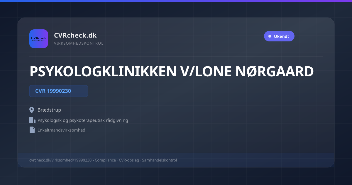 Visitkort: PSYKOLOGKLINIKKEN V/LONE NØRGAARD, CVR 19990230, Psykologisk og psykoterapeutisk rådgivning, Brædstrup