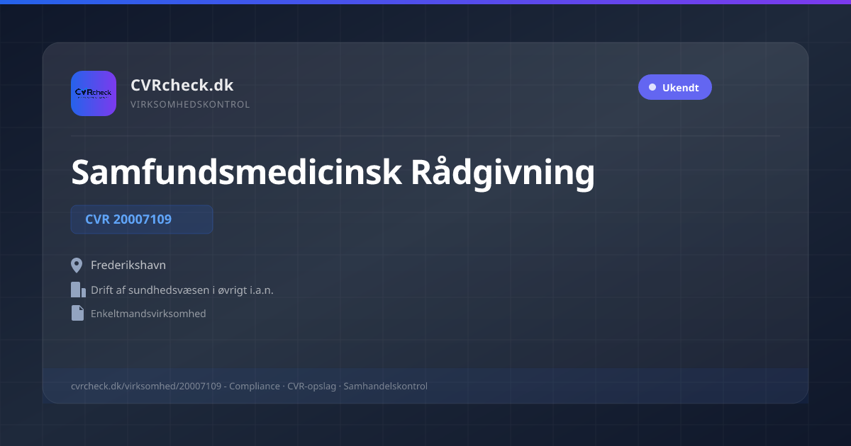 Visitkort: Samfundsmedicinsk Rådgivning, CVR 20007109, Drift af sundhedsvæsen i øvrigt i.a.n., Frederikshavn
