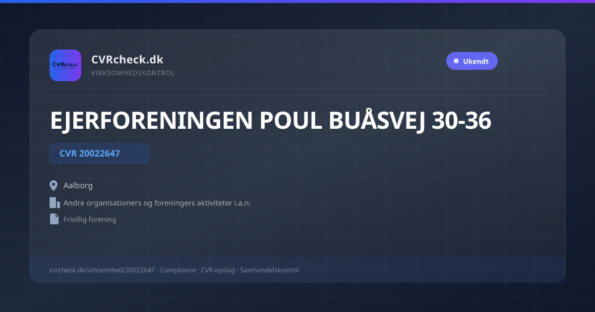 Visitkort: EJERFORENINGEN POUL BUÅSVEJ 30-36, CVR 20022647, Andre organisationers og foreningers aktiviteter i.a.n., Aalborg