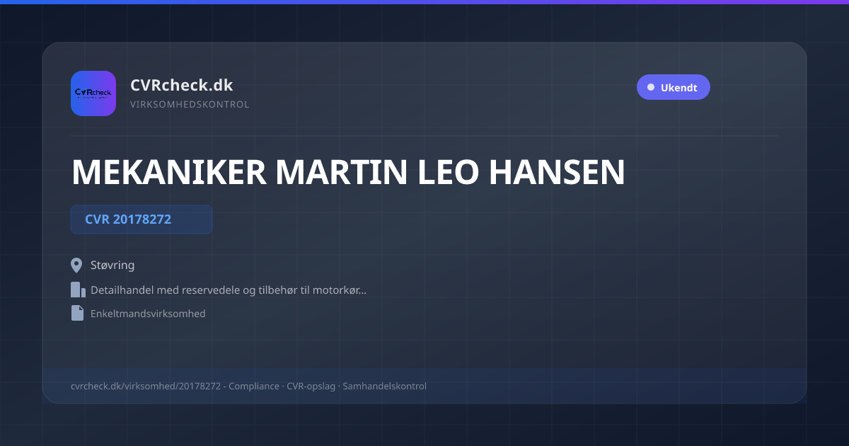 Visitkort: MEKANIKER MARTIN LEO HANSEN, CVR 20178272, Detailhandel med reservedele og tilbehør til motorkøretøjer, Støvring
