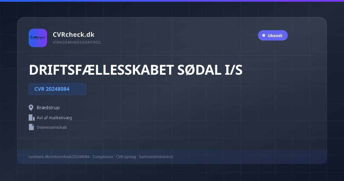 Visitkort: DRIFTSFÆLLESSKABET SØDAL I/S, CVR 20248084, Avl af malkekvæg, Brædstrup