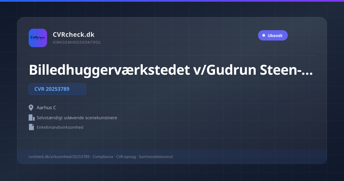 Visitkort: Billedhuggerværkstedet v/Gudrun Steen-Andersen, CVR 20253789, Selvstændigt udøvende scenekunstnere, Aarhus C
