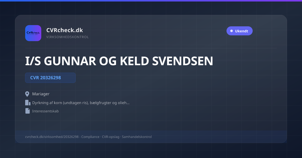 Visitkort: I/S GUNNAR OG KELD SVENDSEN, CVR 20326298, Dyrkning af korn (undtagen ris), bælgfrugter og olieholdige frø, Mariager