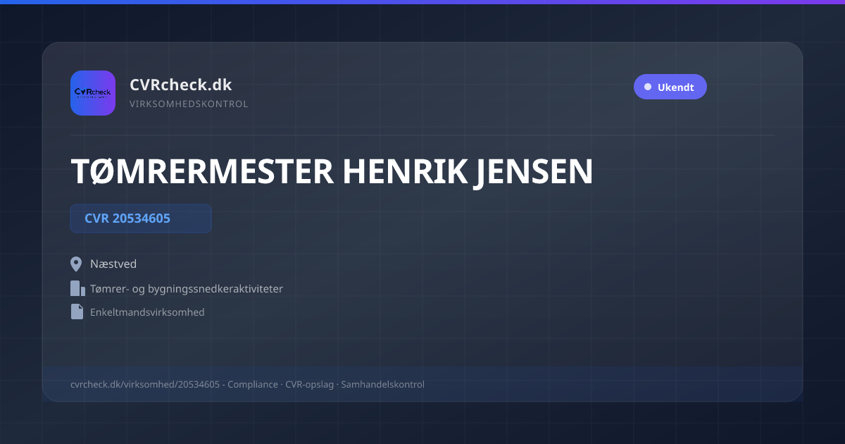 Visitkort: TØMRERMESTER HENRIK JENSEN, CVR 20534605, Tømrer- og bygningssnedkeraktiviteter, Næstved