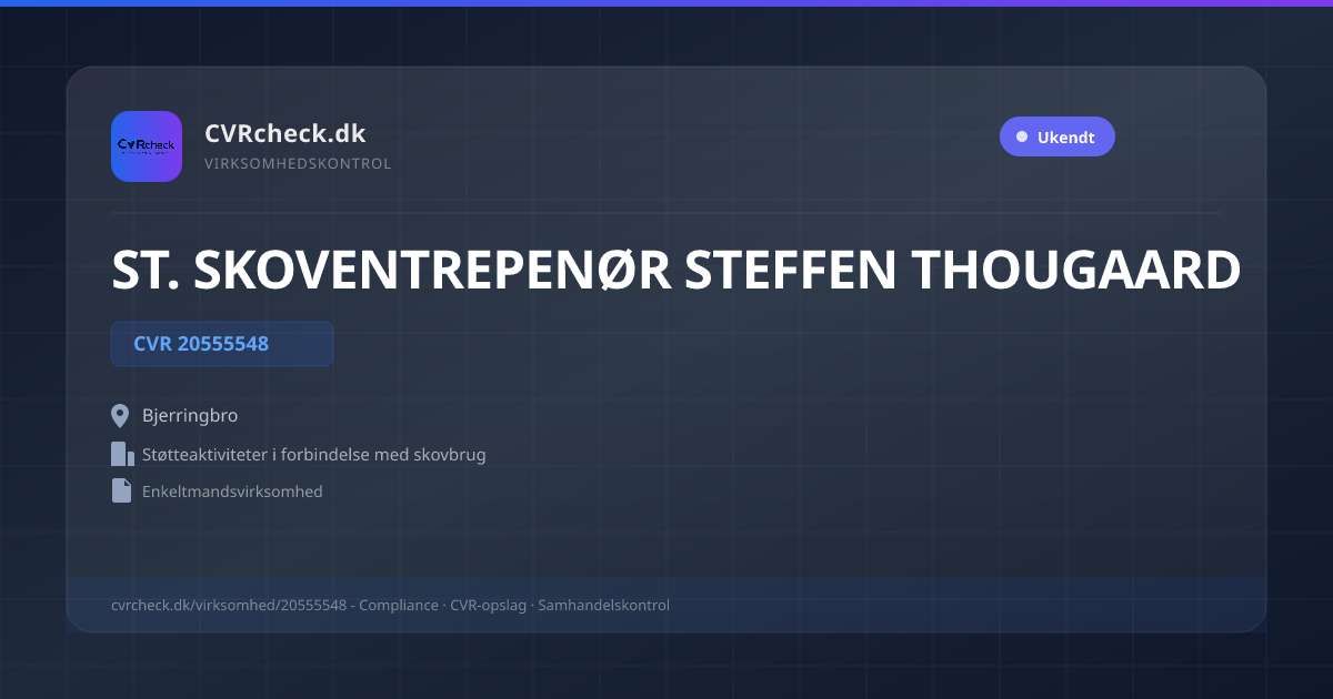 Visitkort: ST. SKOVENTREPENØR STEFFEN THOUGAARD, CVR 20555548, Støtteaktiviteter i forbindelse med skovbrug, Bjerringbro