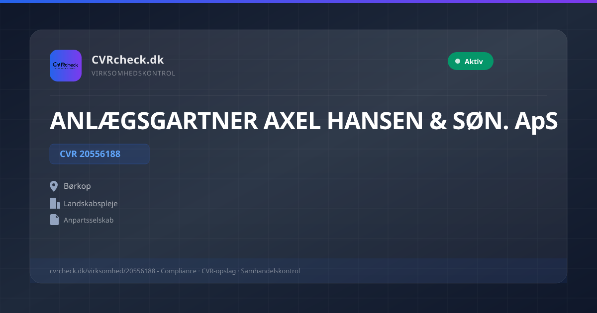 Visitkort: ANLÆGSGARTNER AXEL HANSEN & SØN. ApS, CVR 20556188, Landskabspleje, Børkop, NORMAL