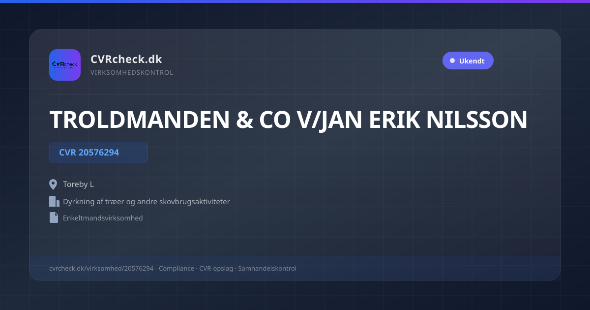 Visitkort: TROLDMANDEN & CO V/JAN ERIK NILSSON, CVR 20576294, Dyrkning af træer og andre skovbrugsaktiviteter, Toreby L