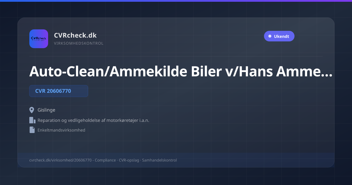 Visitkort: Auto-Clean/Ammekilde Biler v/Hans Ammekilde, CVR 20606770, Reparation og vedligeholdelse af motorkøretøjer i.a.n., Gislinge