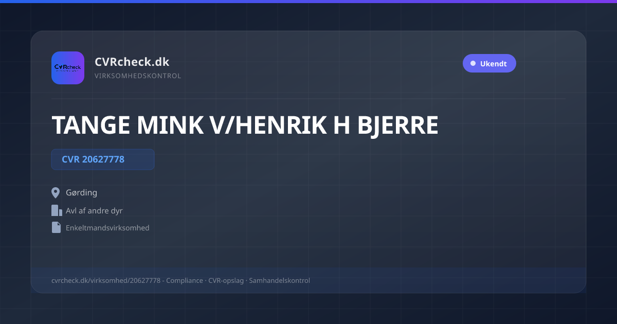 Visitkort: TANGE MINK V/HENRIK H BJERRE, CVR 20627778, Avl af andre dyr, Gørding