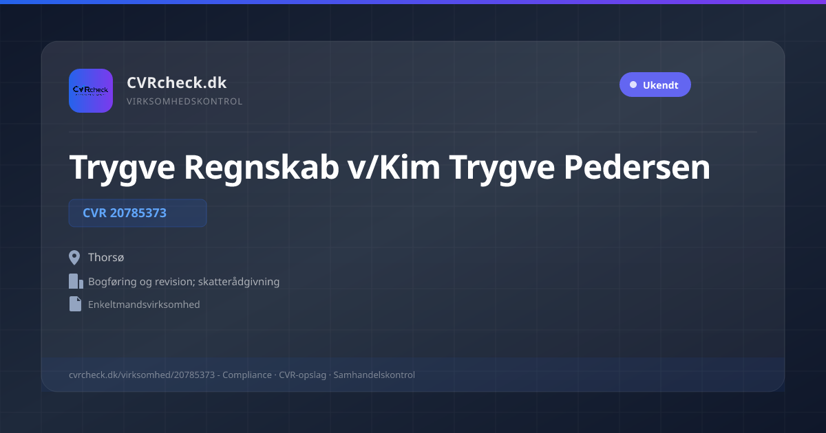 Visitkort: Trygve Regnskab v/Kim Trygve Pedersen, CVR 20785373, Bogføring og revision; skatterådgivning, Thorsø