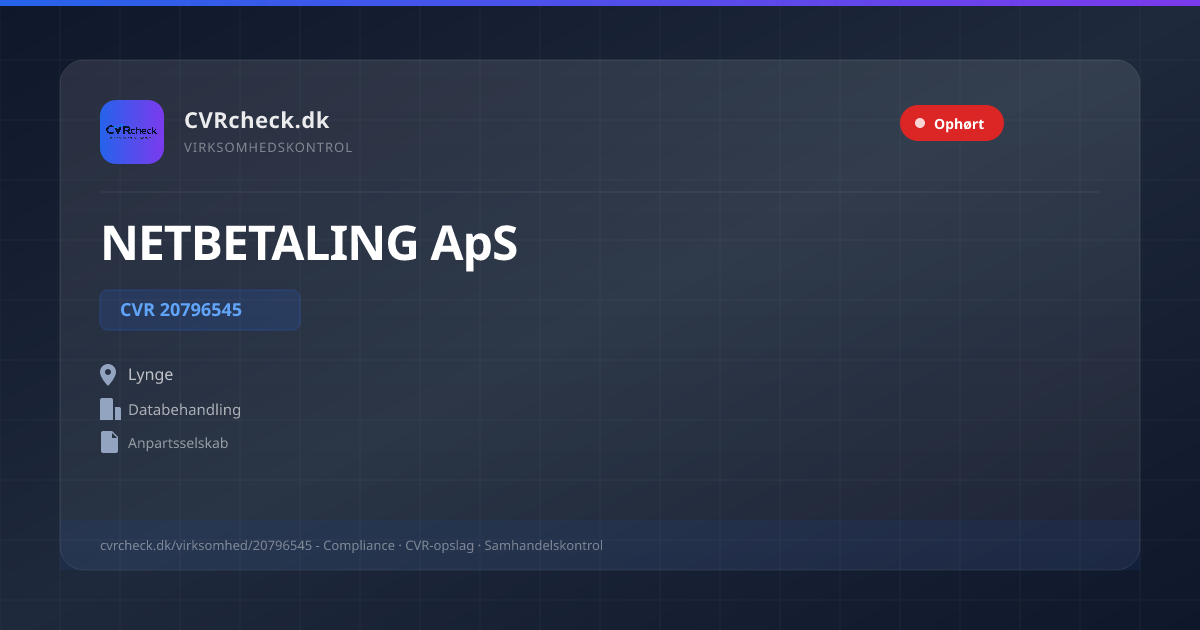 Visitkort: NETBETALING ApS, CVR 20796545, Databehandling, Lynge, OPHØRT