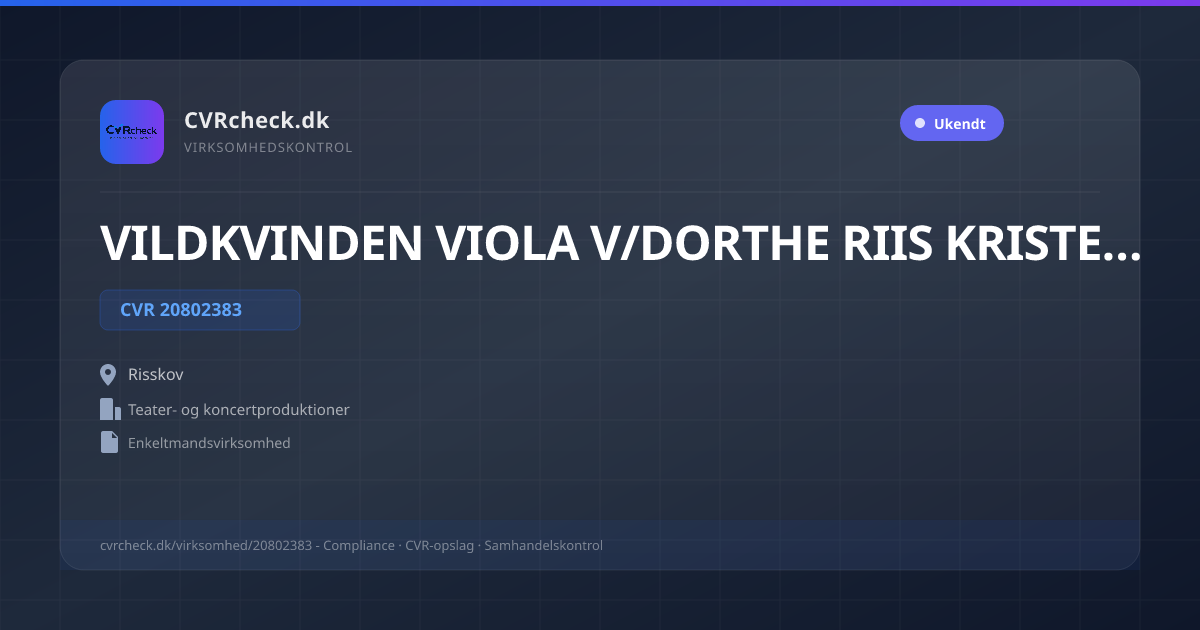 Visitkort: VILDKVINDEN VIOLA V/DORTHE RIIS KRISTENSEN, CVR 20802383, Teater- og koncertproduktioner, Risskov