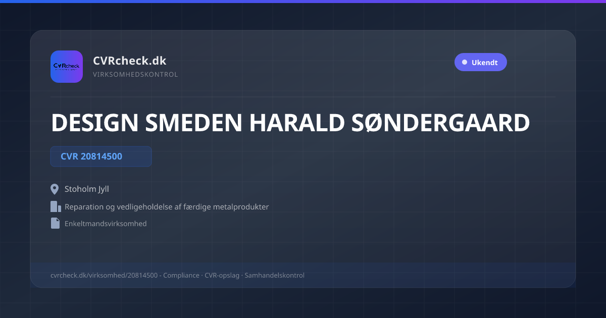 Visitkort: DESIGN SMEDEN HARALD SØNDERGAARD, CVR 20814500, Reparation og vedligeholdelse af færdige metalprodukter, Stoholm Jyll