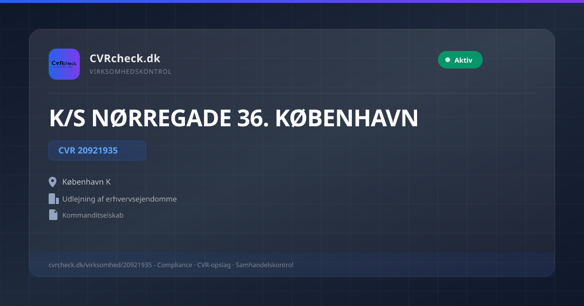 Visitkort: K/S NØRREGADE 36. KØBENHAVN, CVR 20921935, Udlejning af erhvervsejendomme, København K, NORMAL