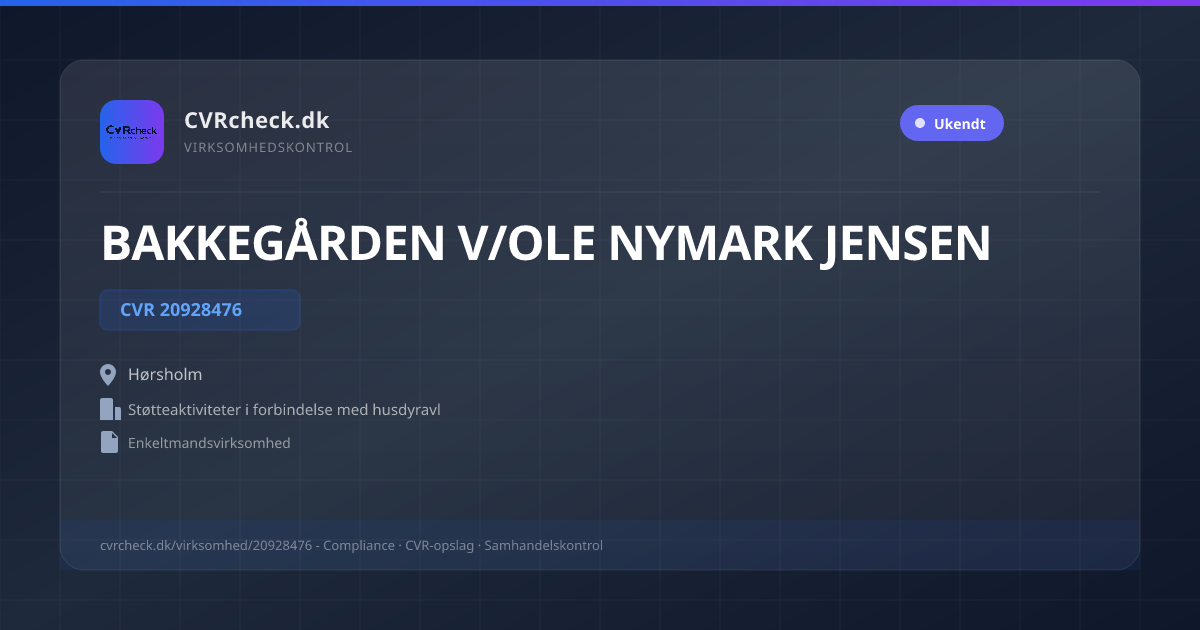 Visitkort: BAKKEGÅRDEN V/OLE NYMARK JENSEN, CVR 20928476, Støtteaktiviteter i forbindelse med husdyravl, Hørsholm