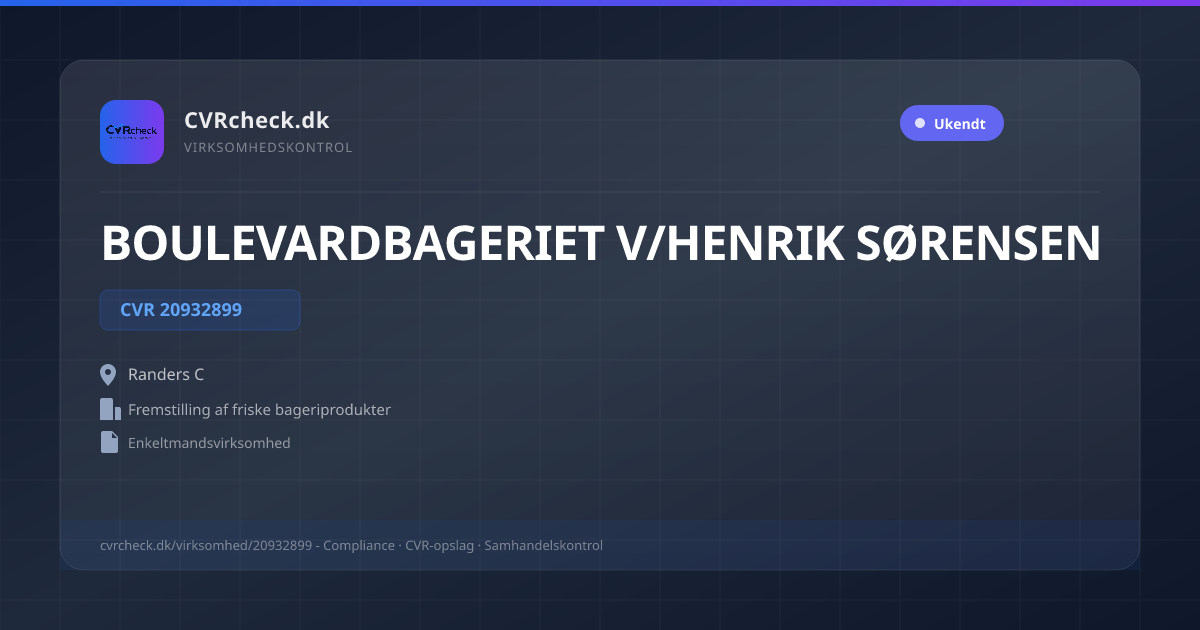 Visitkort: BOULEVARDBAGERIET V/HENRIK SØRENSEN, CVR 20932899, Fremstilling af friske bageriprodukter, Randers C