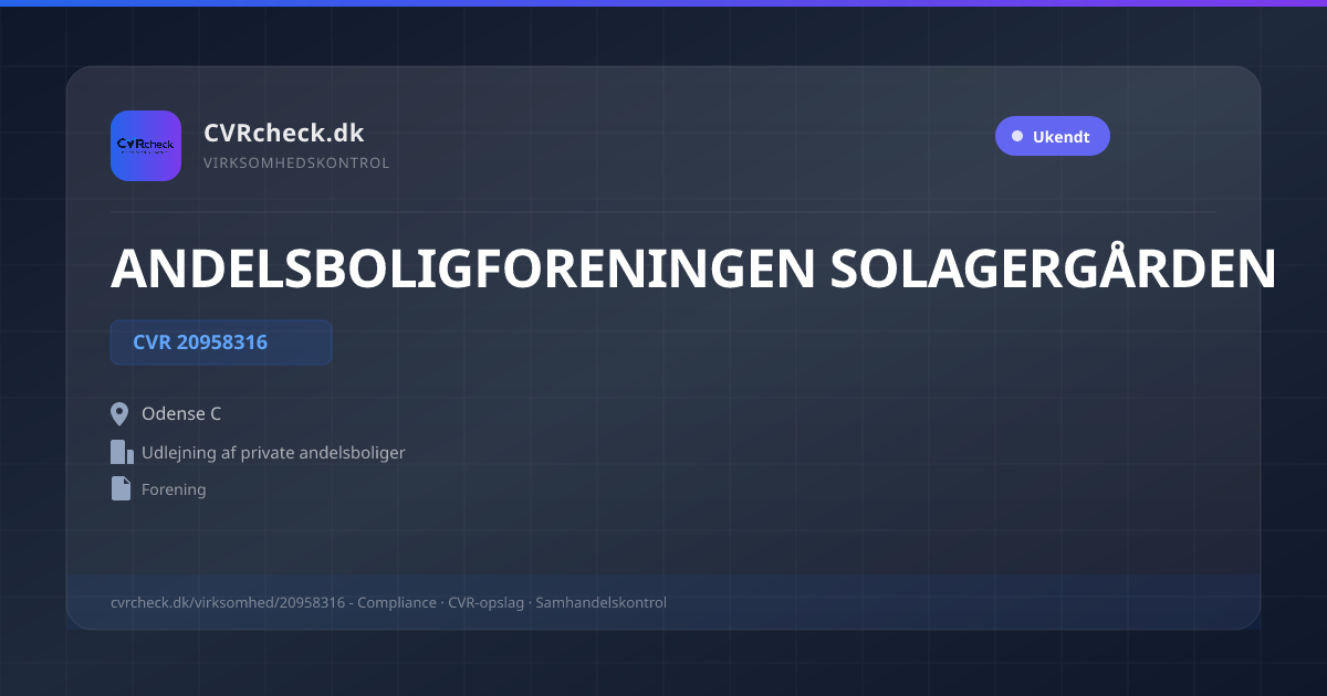 Visitkort: ANDELSBOLIGFORENINGEN SOLAGERGÅRDEN, CVR 20958316, Udlejning af private andelsboliger, Odense C