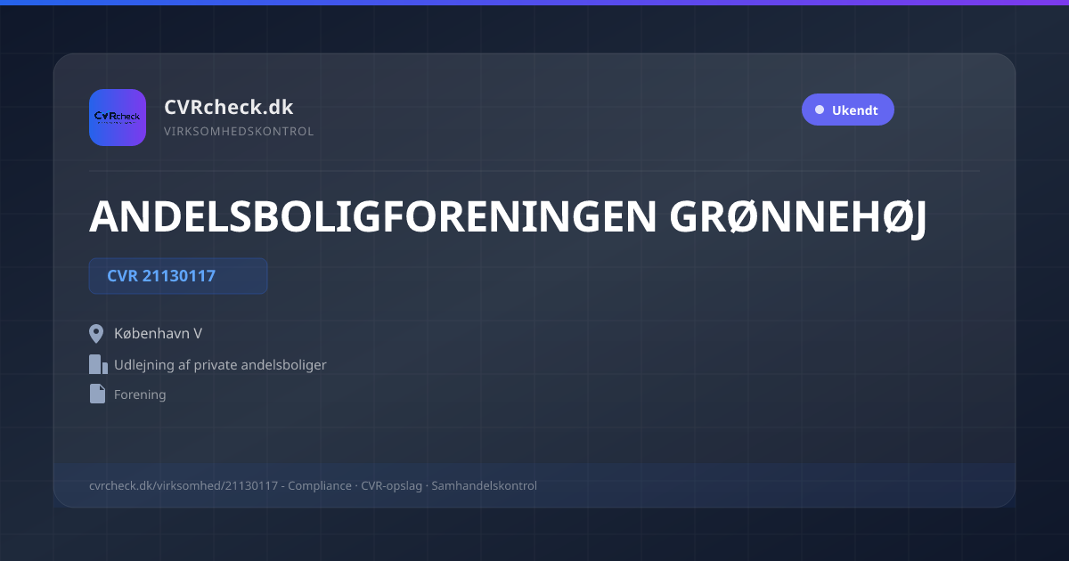 Visitkort: ANDELSBOLIGFORENINGEN GRØNNEHØJ, CVR 21130117, Udlejning af private andelsboliger, København V