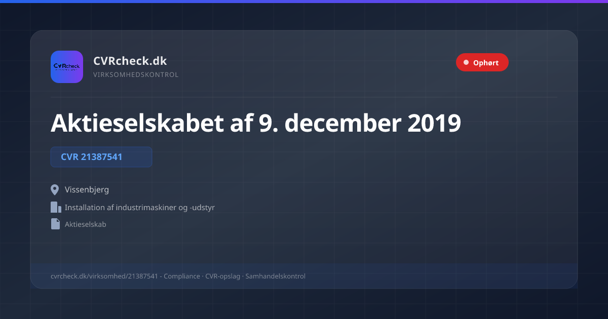 Visitkort: Aktieselskabet af 9. december 2019, CVR 21387541, Installation af industrimaskiner og -udstyr, Vissenbjerg, OPLØST EFTER KONKURS