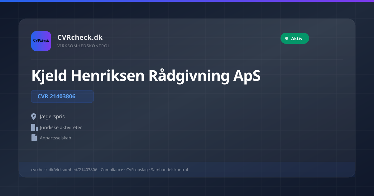 Visitkort: Kjeld Henriksen Rådgivning ApS, CVR 21403806, Juridiske aktiviteter, Jægerspris, NORMAL