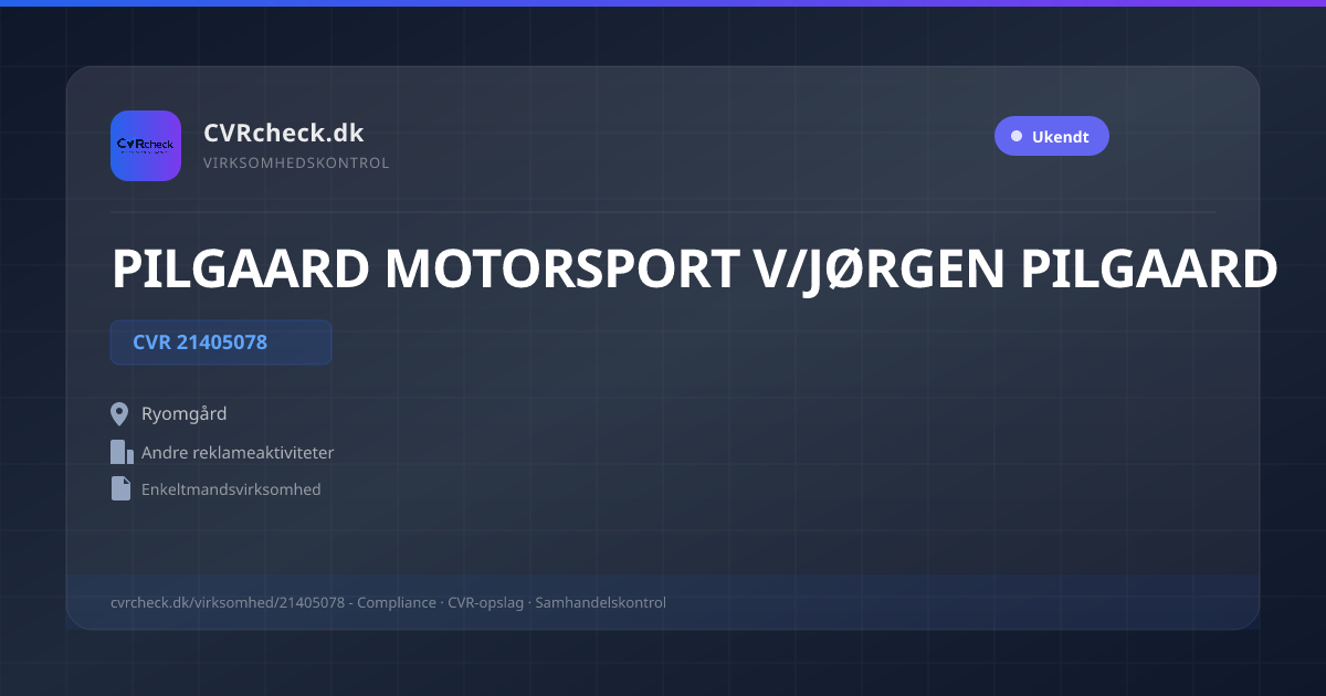 Visitkort: PILGAARD MOTORSPORT V/JØRGEN PILGAARD, CVR 21405078, Andre reklameaktiviteter, Ryomgård