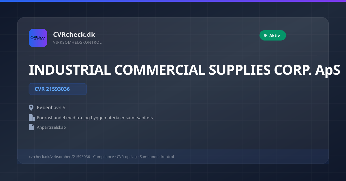 Visitkort: INDUSTRIAL COMMERCIAL SUPPLIES CORP. ApS, CVR 21593036, Engroshandel med træ og byggematerialer samt sanitetsartikler, København S, NORMAL
