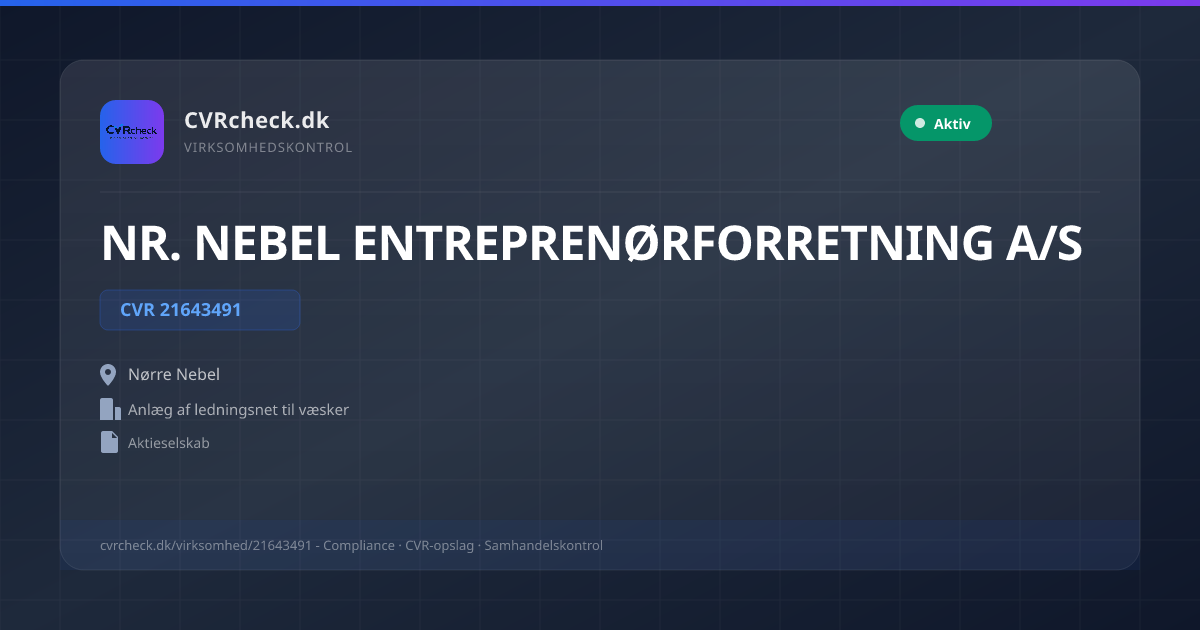 Visitkort: NR. NEBEL ENTREPRENØRFORRETNING A/S, CVR 21643491, Anlæg af ledningsnet til væsker, Nørre Nebel, NORMAL