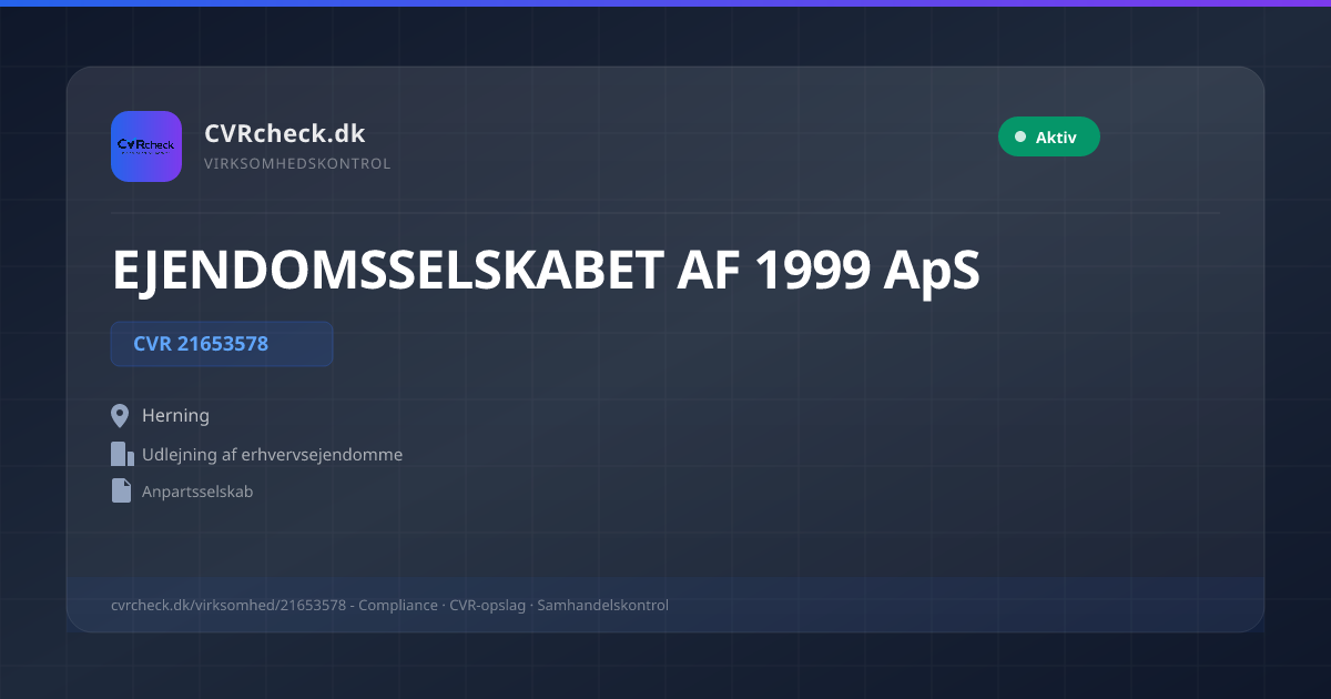 Visitkort: EJENDOMSSELSKABET AF 1999 ApS, CVR 21653578, Udlejning af erhvervsejendomme, Herning, NORMAL